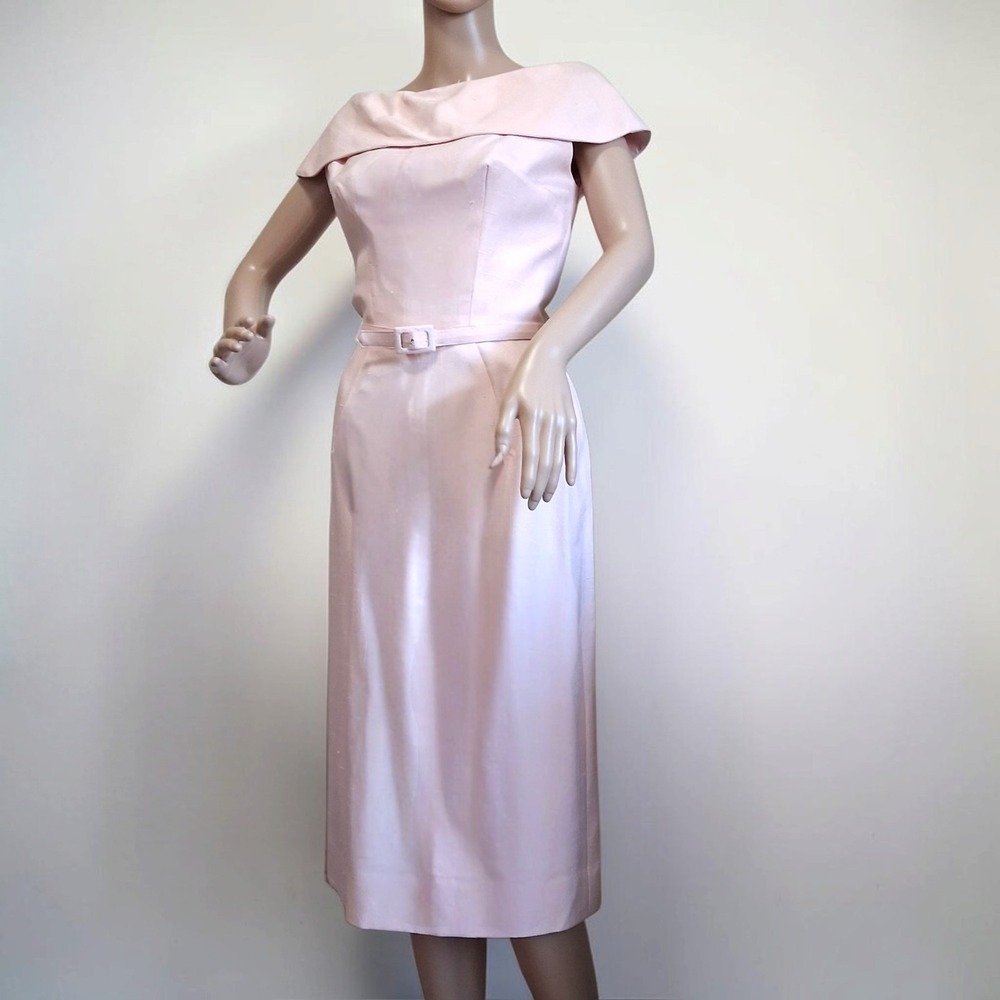 Vintage 50s 60s Pale Pink Silk Shantung Wiggle Midi Dress Cocktail Sheath XS / 2
